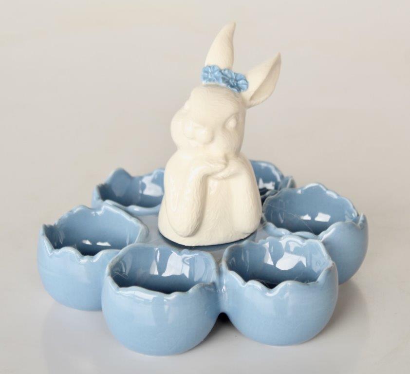 Blue & White Ceramic Egg Tray With Bunny